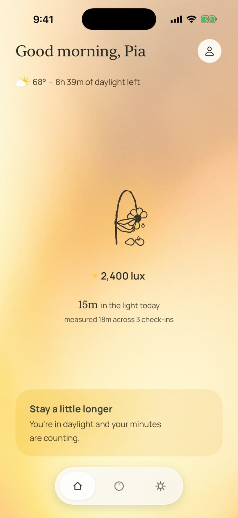 The Rhythm app’s home screen on an iPhone without a watch, reading 2,400 lux and 15 minutes in the light today