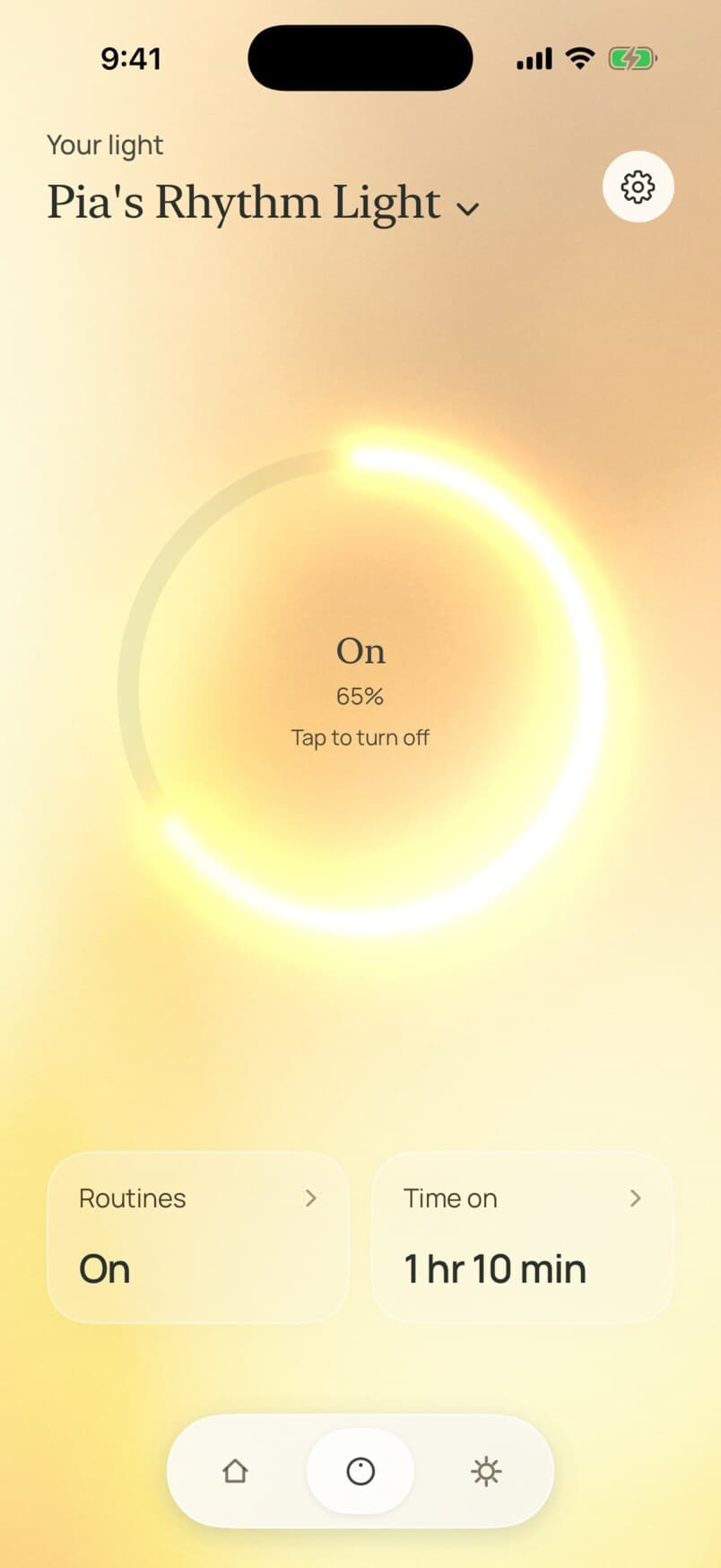 The Rhythm app’s light control screen, showing a Light Machine on at 65 percent with routines and time on
